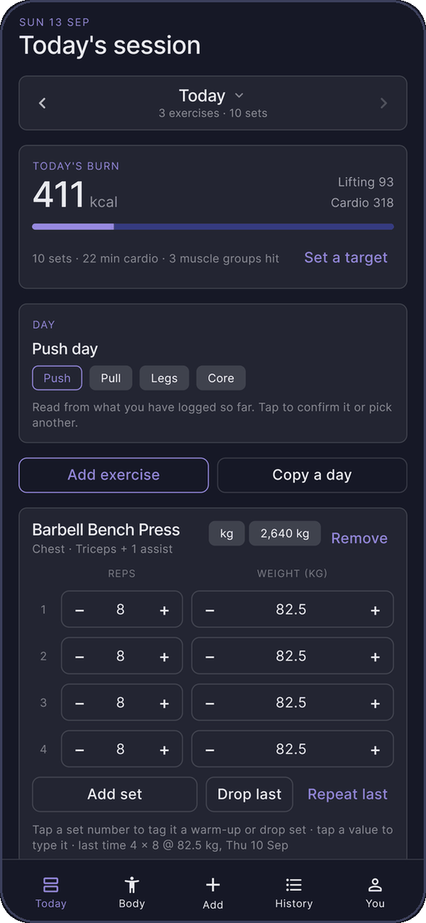 The Today screen: the week’s sessions, sets, minutes and coverage, with a line on what is short.